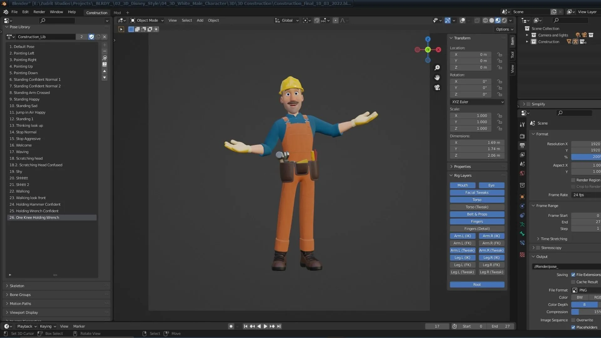 Male Cartoon Builder Character 3D model in Blender workspace